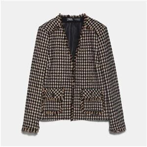 Zara Houndstooth Tweed Frayed Raw Hem Blazer Jacket Womens Size S